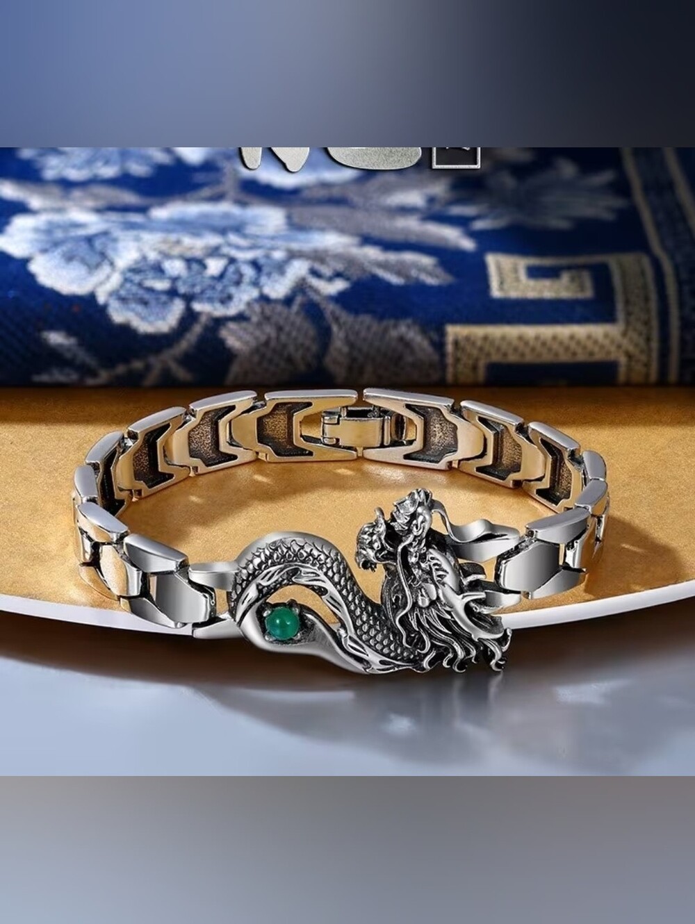NWOT Silver Dragon Link Bracelet with Green Gem Accent.